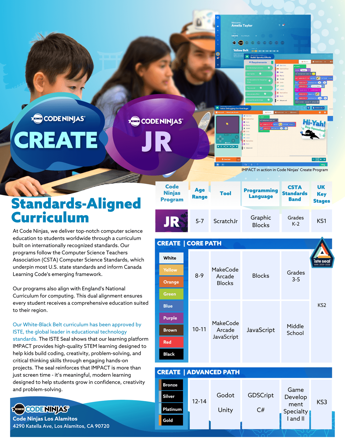Code Ninjas CREATE standards-aligned curriculum flyer showing CSTA standards bands, UK Key Stages, and the ISTE Seal